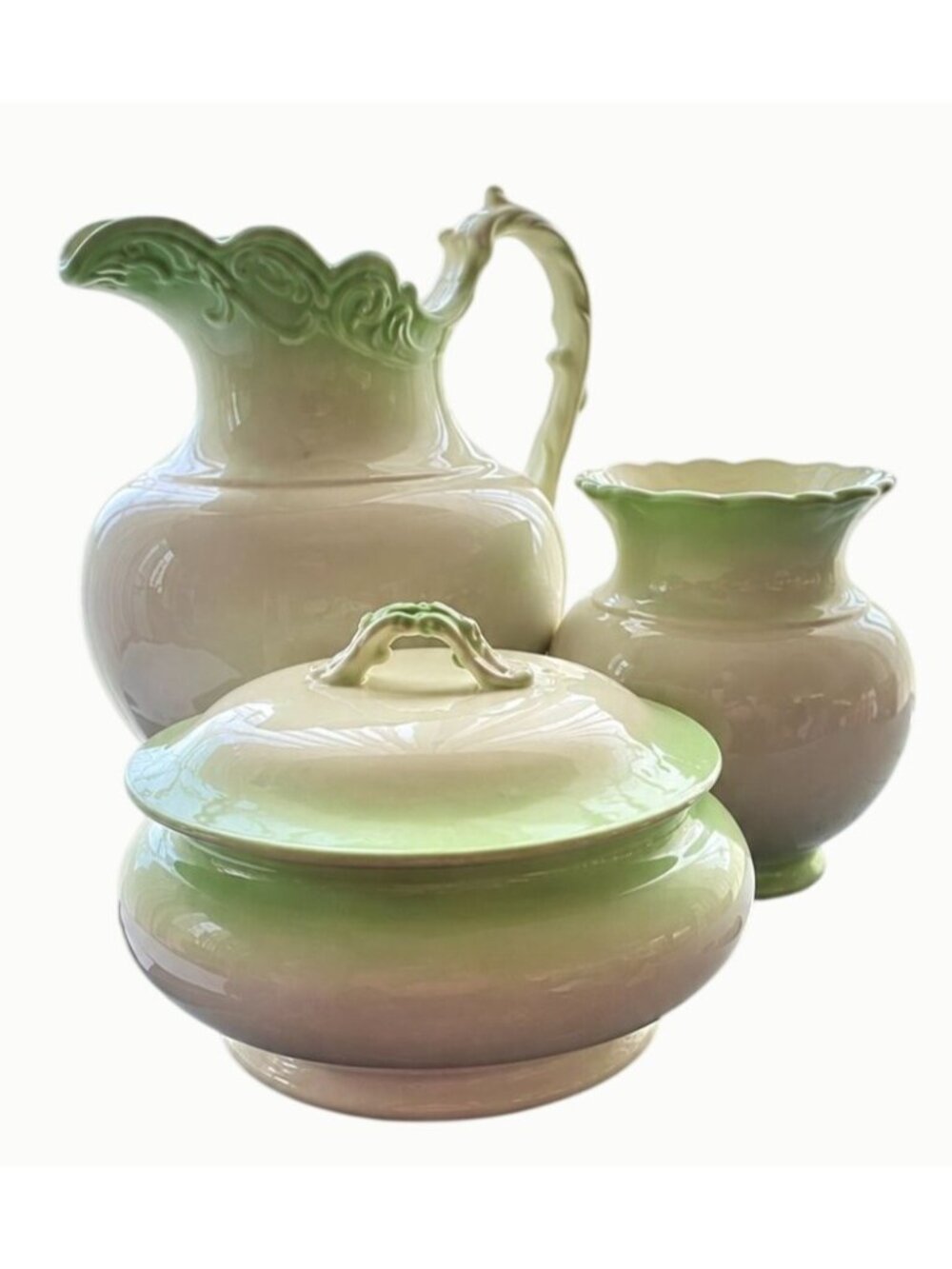 Antique K.T. & K. Semi Vitreous Porcelain 3 Pc Wash Set Pitcher Covered Bowl - Picture 2 of 16